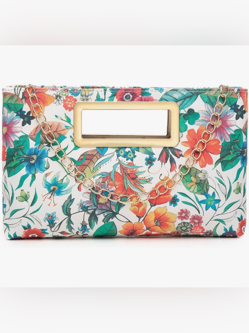 TROPICAL CLUTCH BAG VEGAN PURSE GOLD  SHOULDER CHAIN HAND BAG NWOT